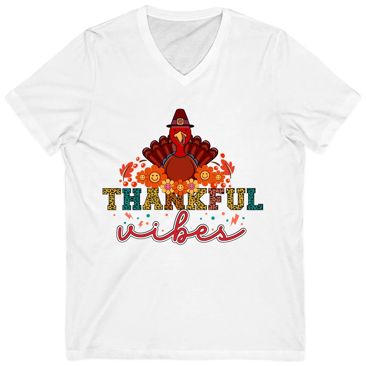 Turkey Vibes Thanksgiving Design V-Neck in White